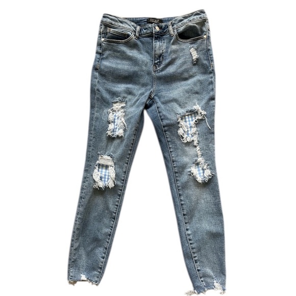 Judy Blue Denim - Judy Blue Jeans Womens 9/29 Blue Skinny Blue White Plaid Patch Distressed Denim